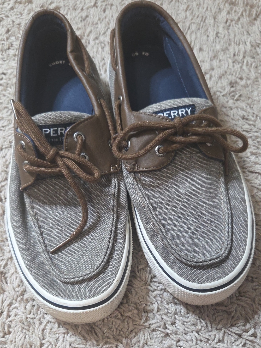 Sperry Men's Taupe Canvas and Brown Leather-Trim Boat Shoes, 9.5